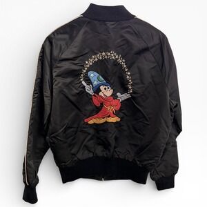 Vintage 1980's Disney Cloth Tattoo Sorcerer Mickey Bomber Jacket Black Large USA
